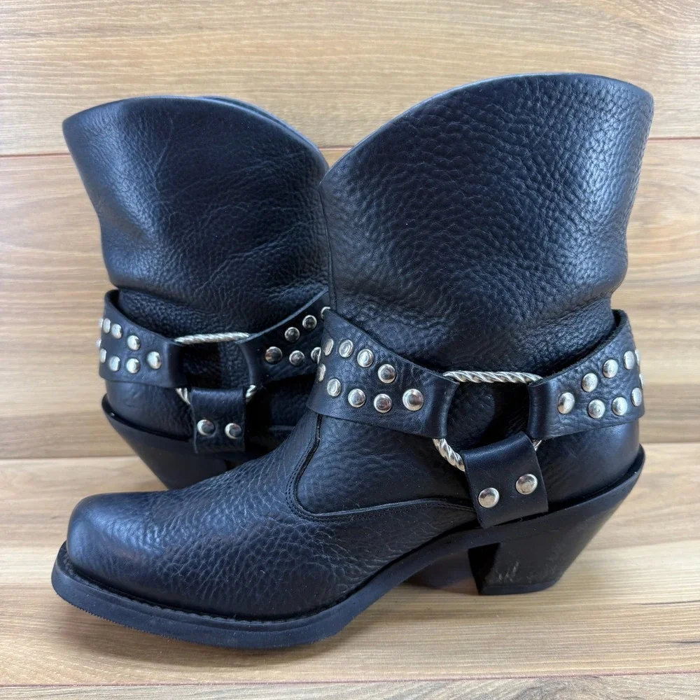 Double H Studded Harness Boots Womens 7.5 M Black Pebble Leather Short Biker - Picture 6 of 11
